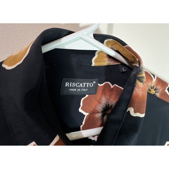 Riscatto Men Large Black w/ Leaves Made in Italy Rayon Short Sleeve Shirt - Picture 2 of 6